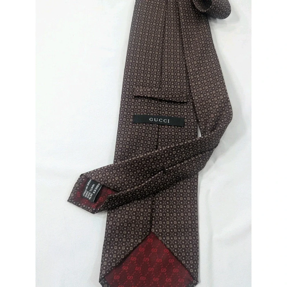 GUCCI Necktie Tie Brown All over GG Logo pattern 100% Silk Men's Made in Italy